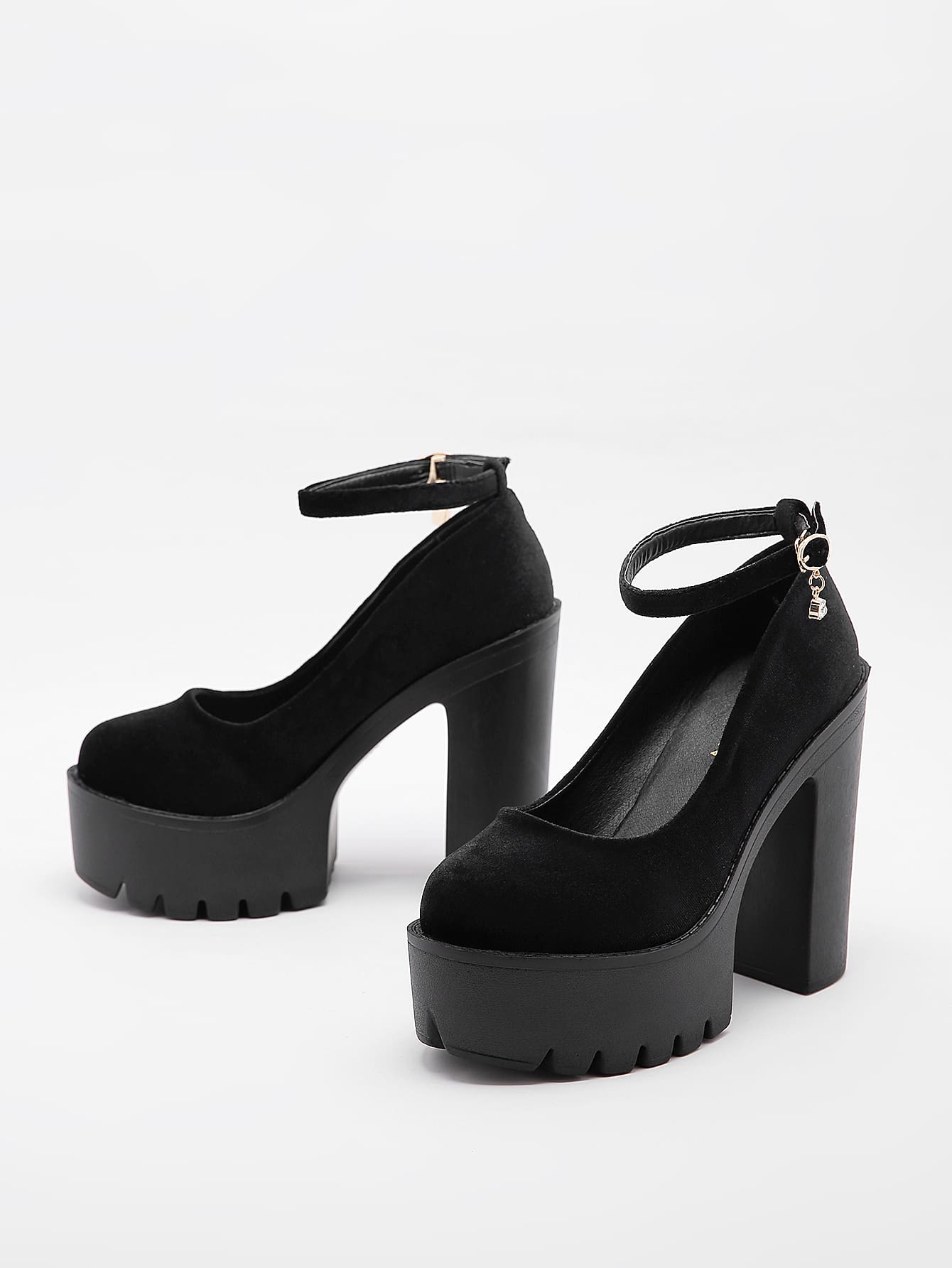 Round Toe Chunky Heeled Ankle Strap Pumps thumbnail