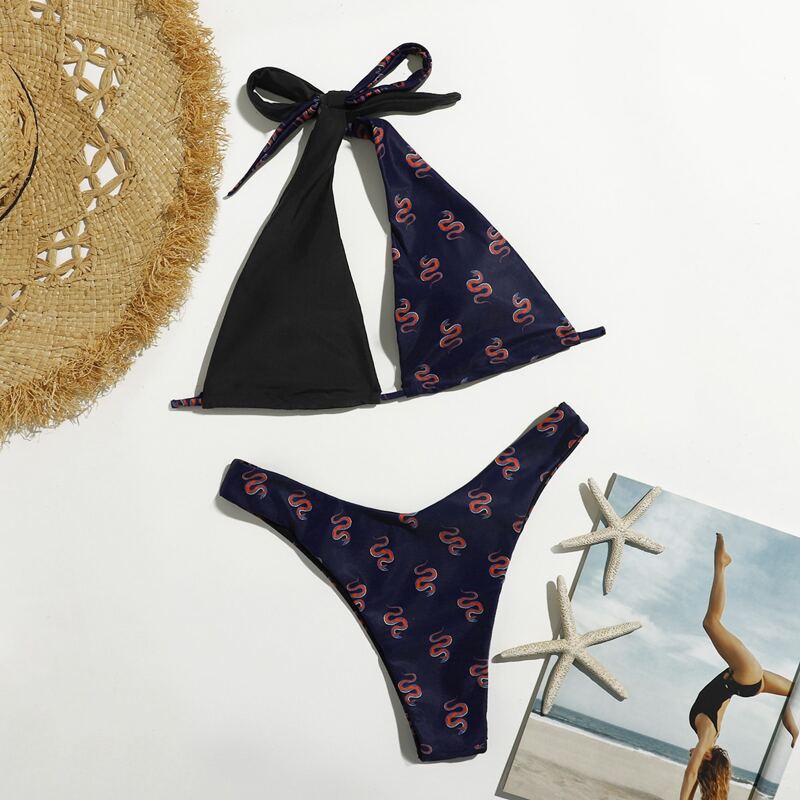 

Colorblock Chinese Dragon Print High Cut Bikini Swimsuit, Multicolor