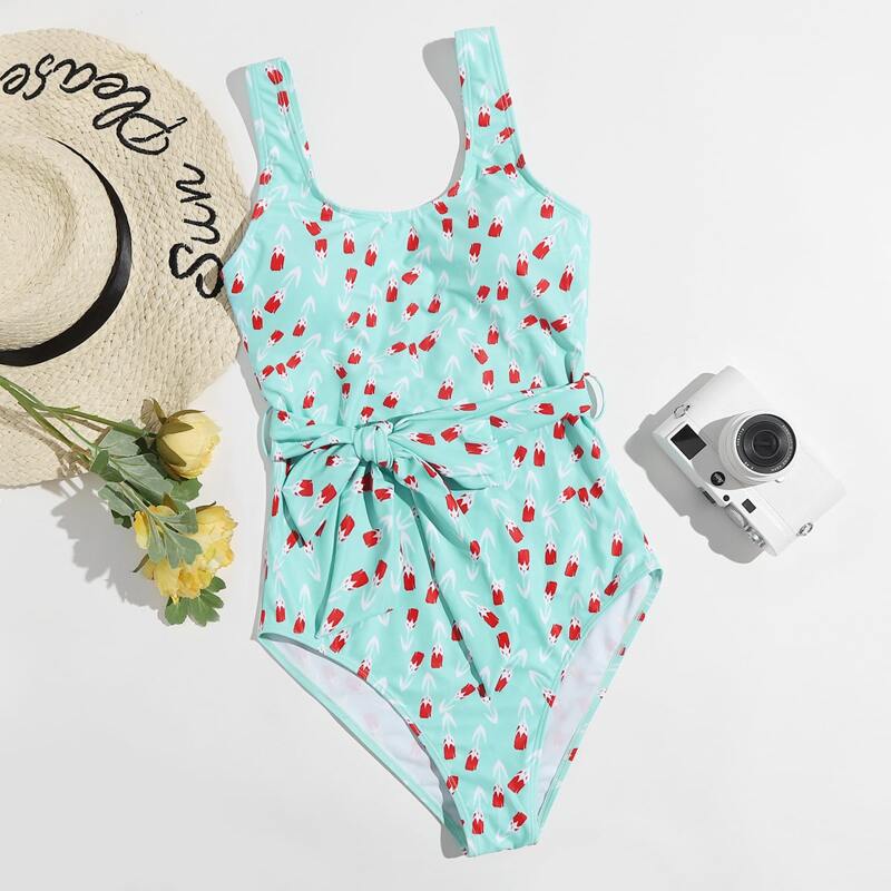 Floral Belted One Piece Swimsuit, Mint blue