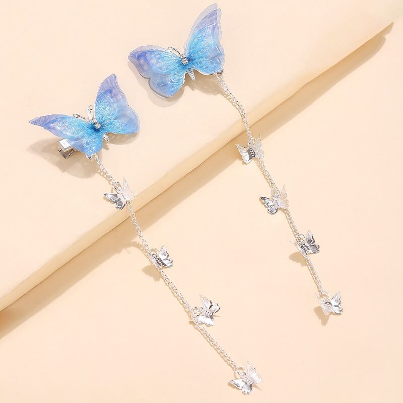 

2pcs Mesh Butterfly Chain Hair Clip, Blue