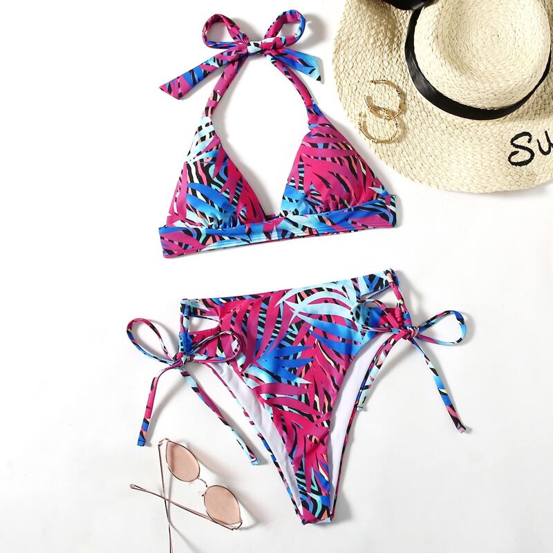 

Tropical Print High Waist Bikini Swimsuit, Multicolor