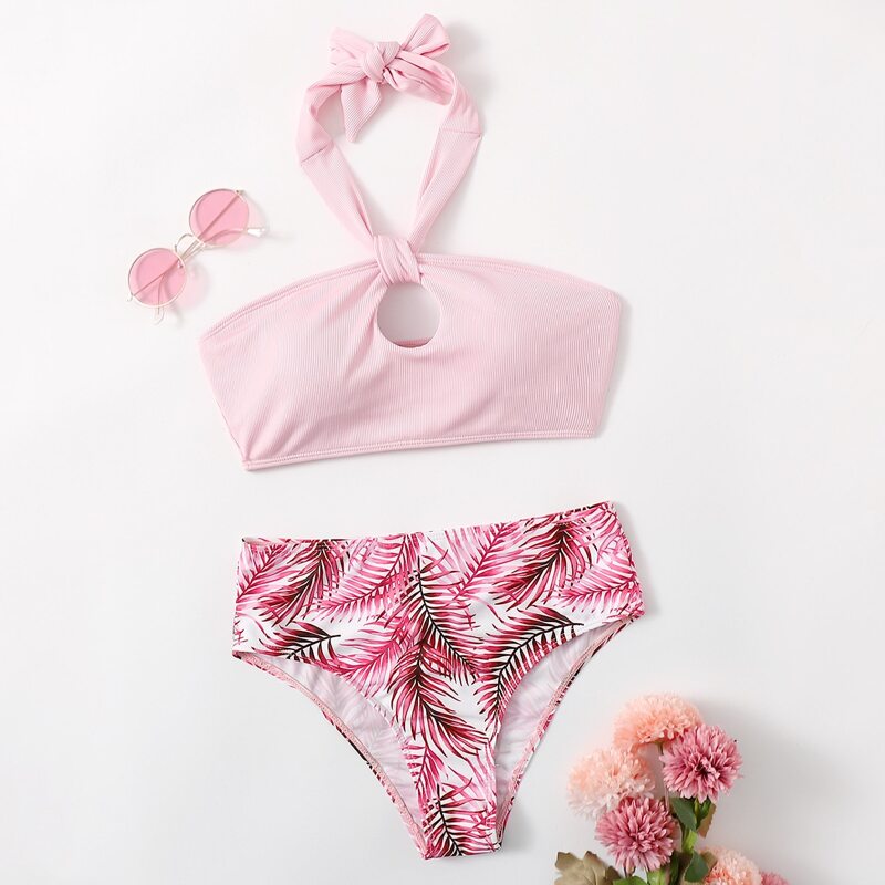 

Tropical Print Halter Bikini Swimsuit, Multicolor