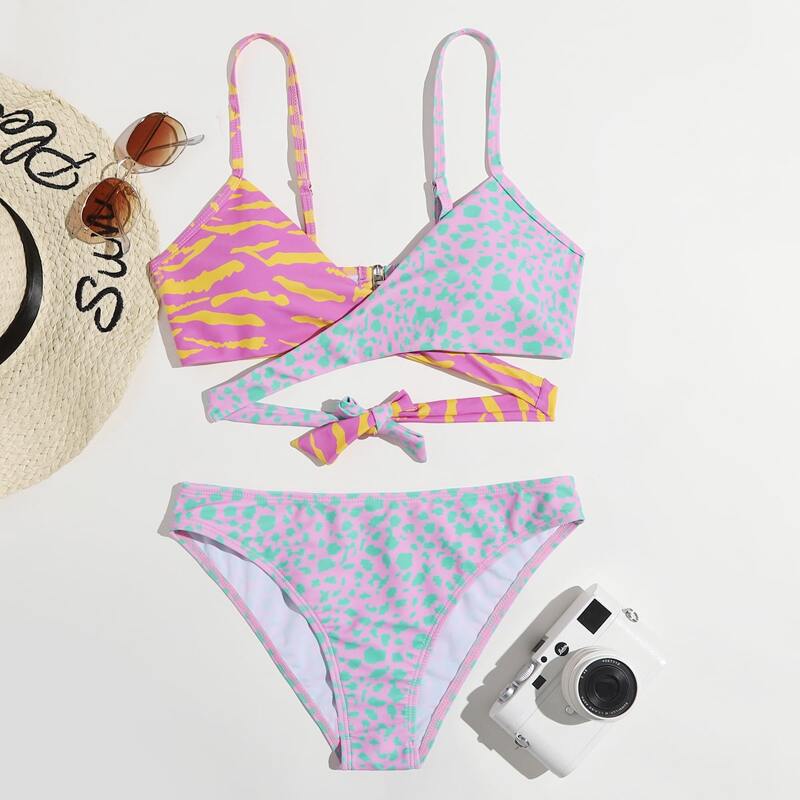 

Allover Print Wrap Bikini Swimsuit, Multicolor