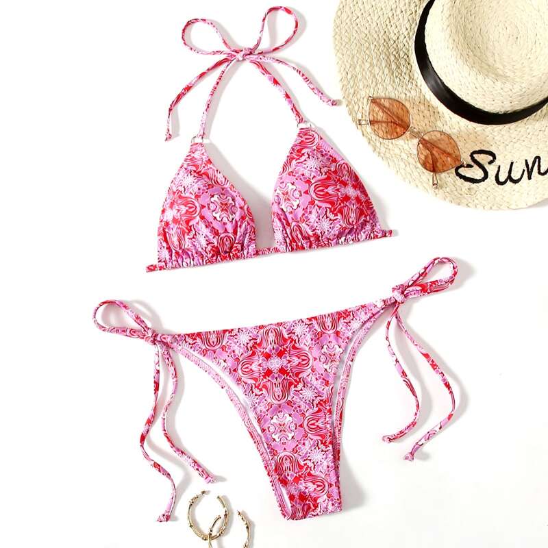 

Floral Triangle Tie Side Bikini Swimsuit, Pink