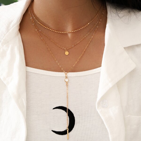 

3pcs Disc Pendant Necklace, Gold