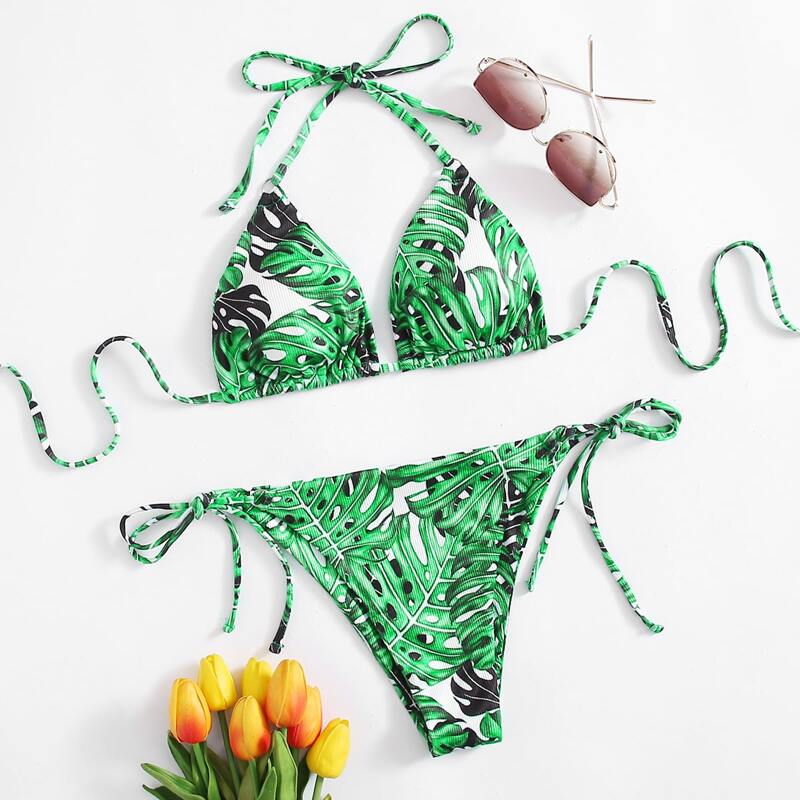 

Tropical Triangle Tie Side Bikini Swimsuit, Multicolor