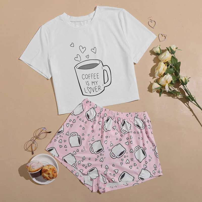 

Slogan Graphic Pajama Set, Multicolor