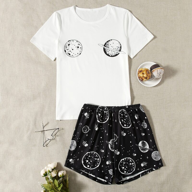 

Galaxy Print Pajama Set, Black and white