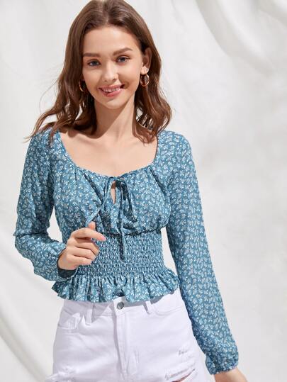 Ditsy Flower Tie Front Shirred Blouse