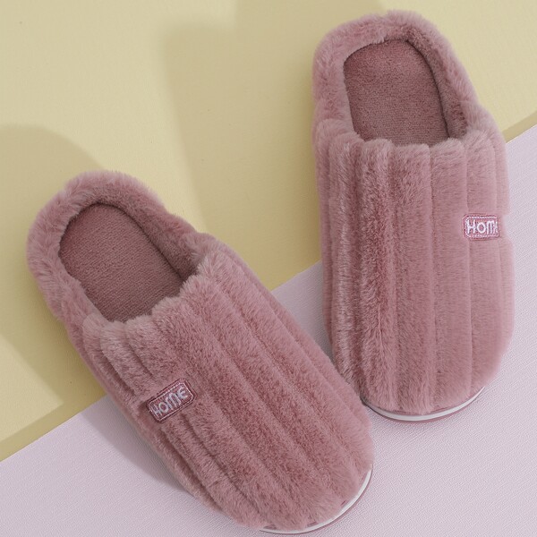 

Letter Embroidered Fluffy Bedroom Slippers, Dusty pink