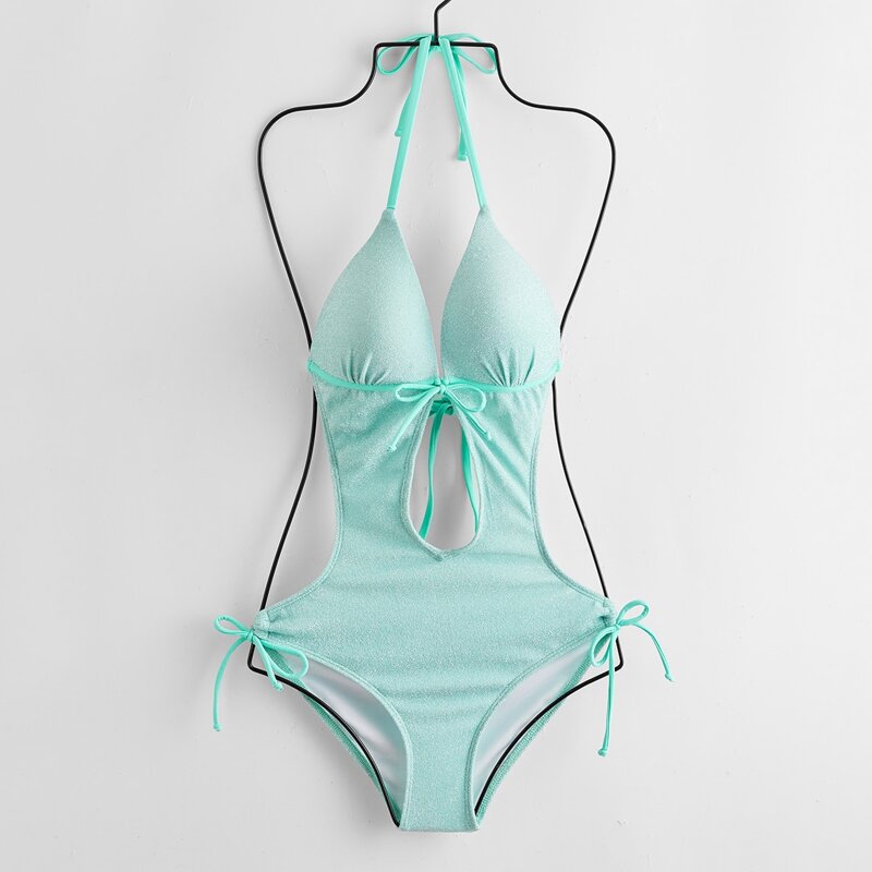 

Tie Front Cut Out One Piece Swimsuit, Mint blue