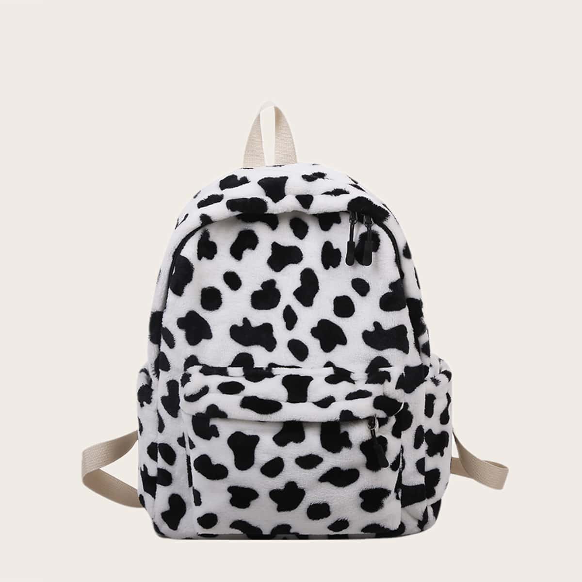 

Cow Pattern Fluffy Backpack, Black and white