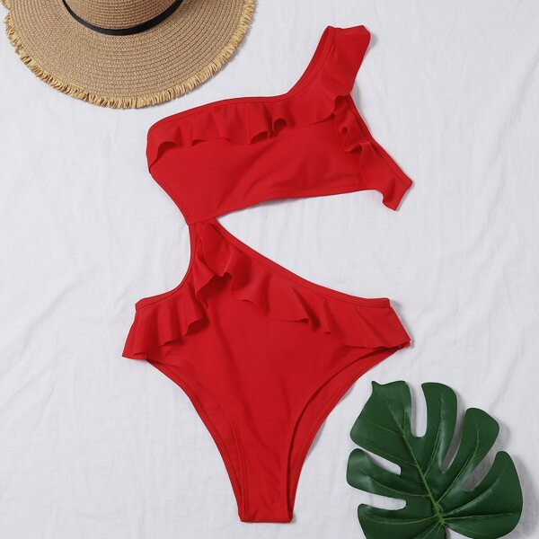 

Cut-out Ruffle One Shoulder One Piece Swimsuit, Red
