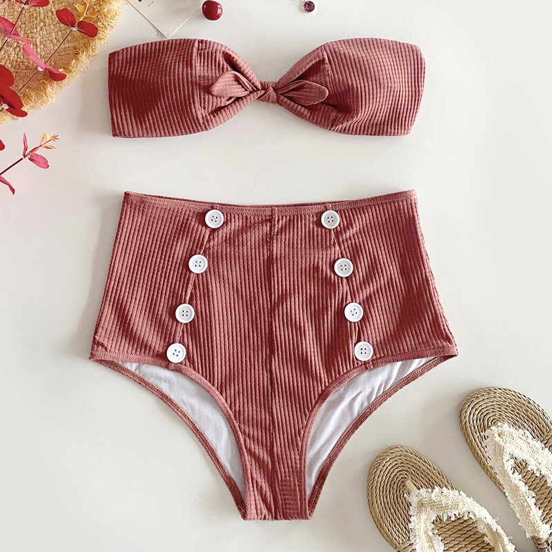 

Knot Front Bandeau High Waisted Bikini Swimsuit, Dusty pink