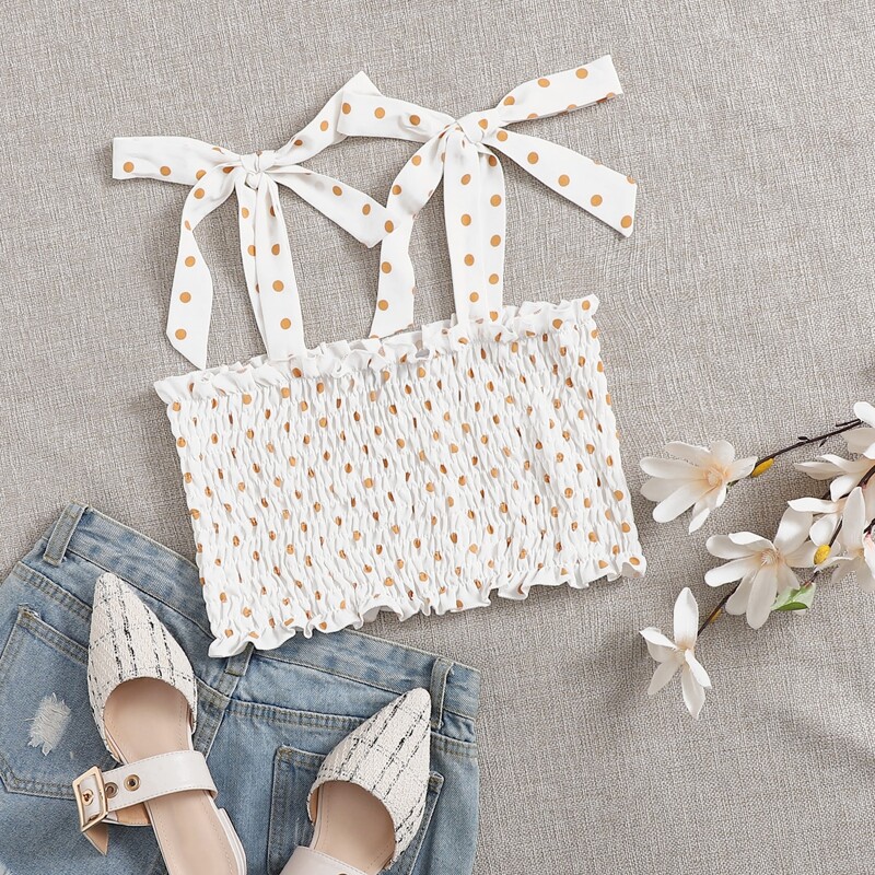 

Tie Shoulder Frill Trim Shirred Top, White