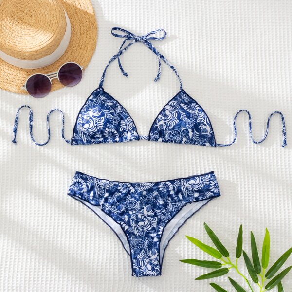 

Plant Print Lettuce Trim Triangle Bikini Swimsuit, Multicolor