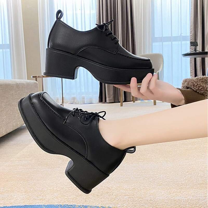 

Square Toe Lace-up Chunky Heeled Pumps, Black