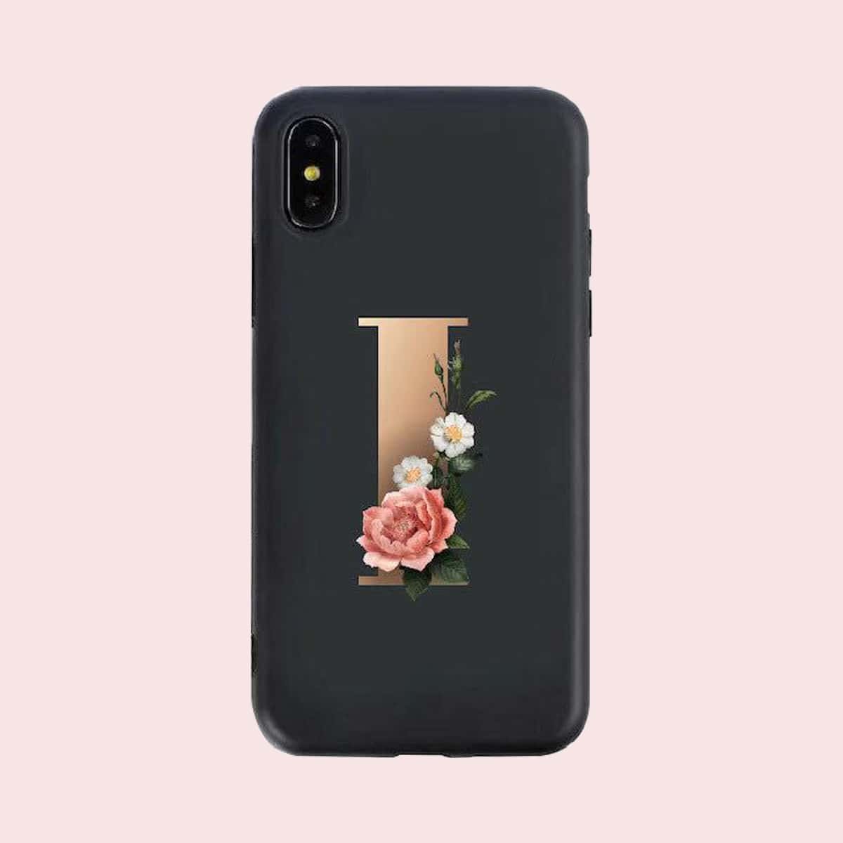 

Floral & Letter Print iPhone Case, Black