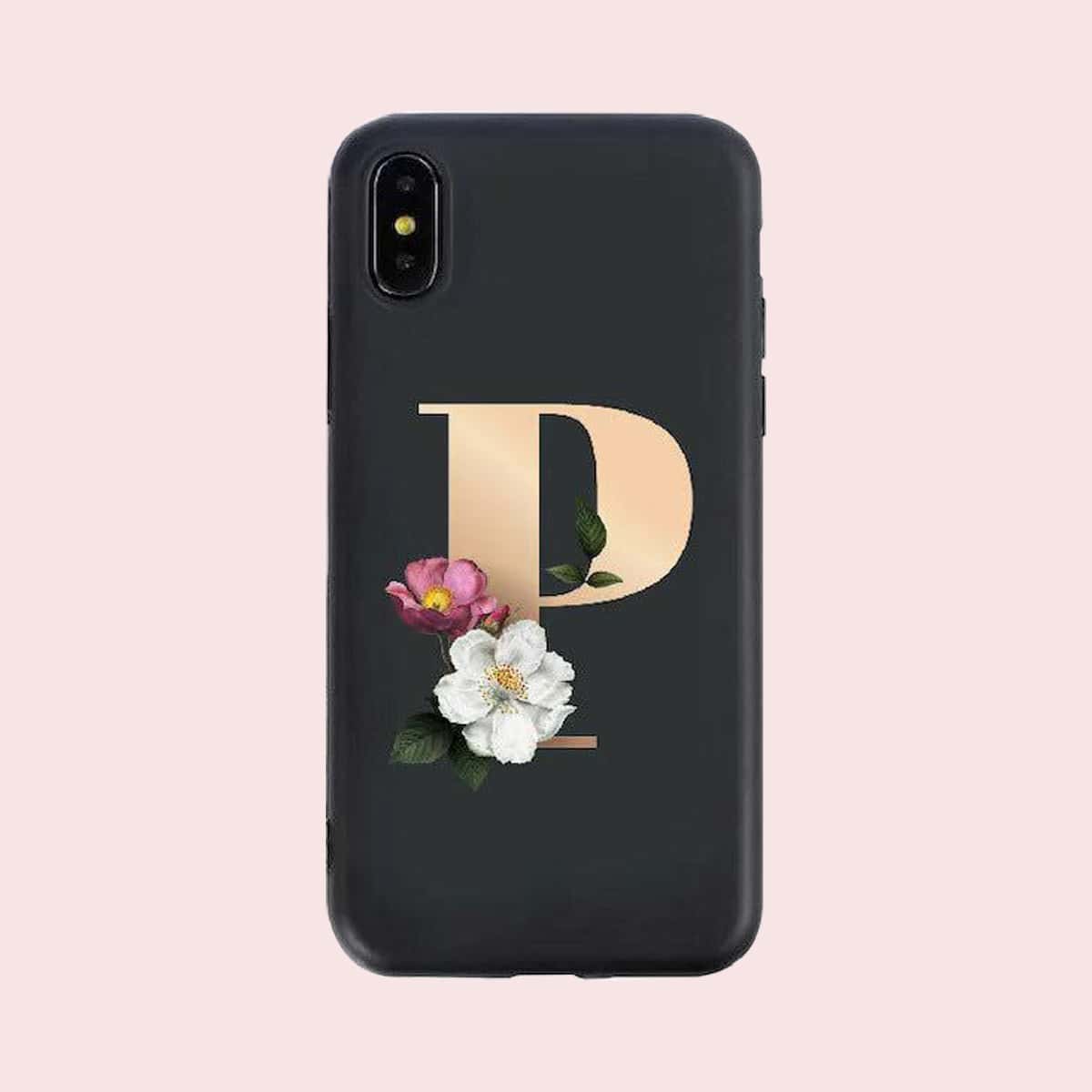 

Floral & Letter Print iPhone Case, Black