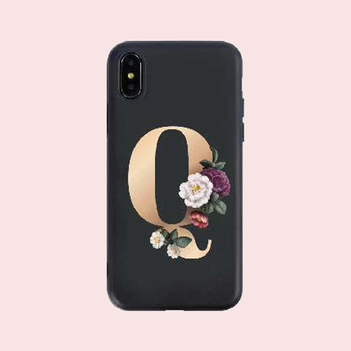 

Floral & Letter Print iPhone Case, Black