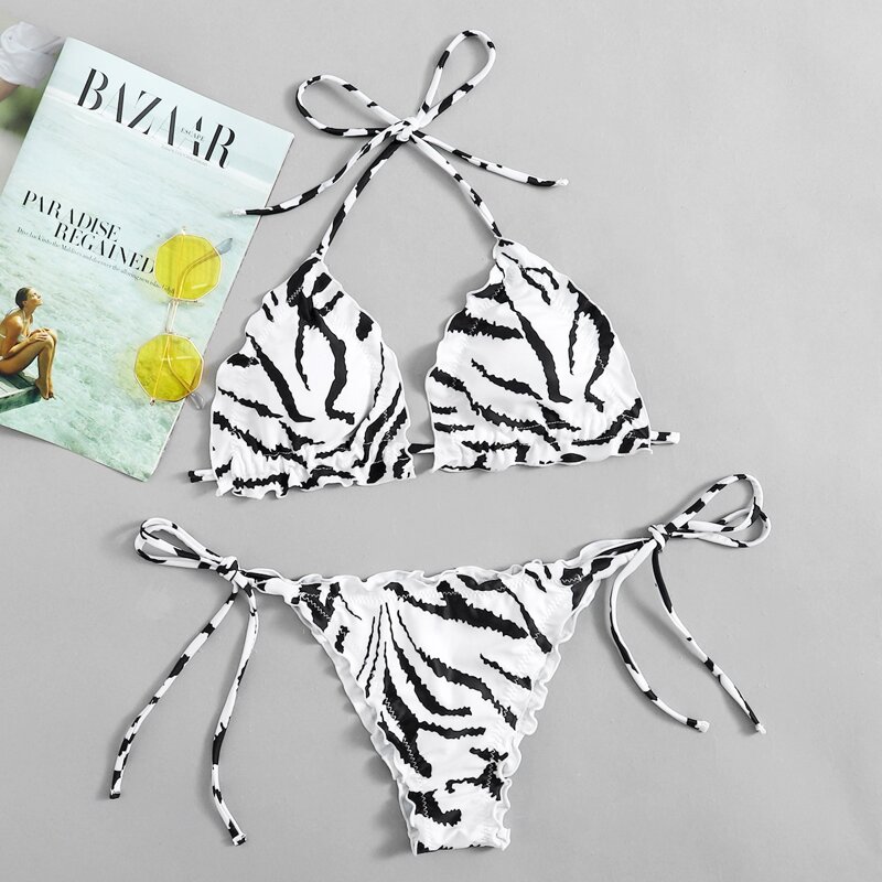 

Zebra Striped Tie Side Bikini Swimsuit, Black and white