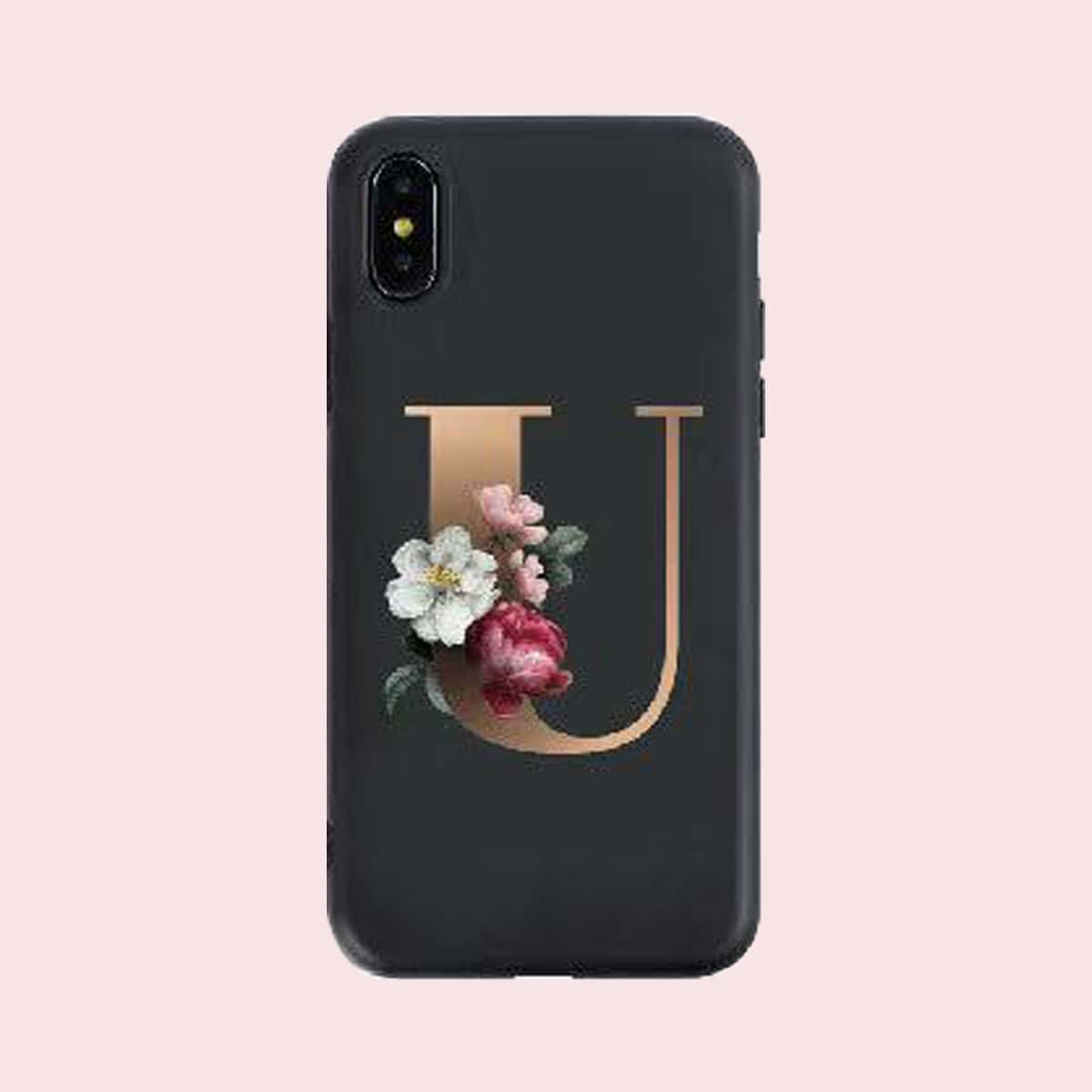 

Floral & Letter Print iPhone Case, Black
