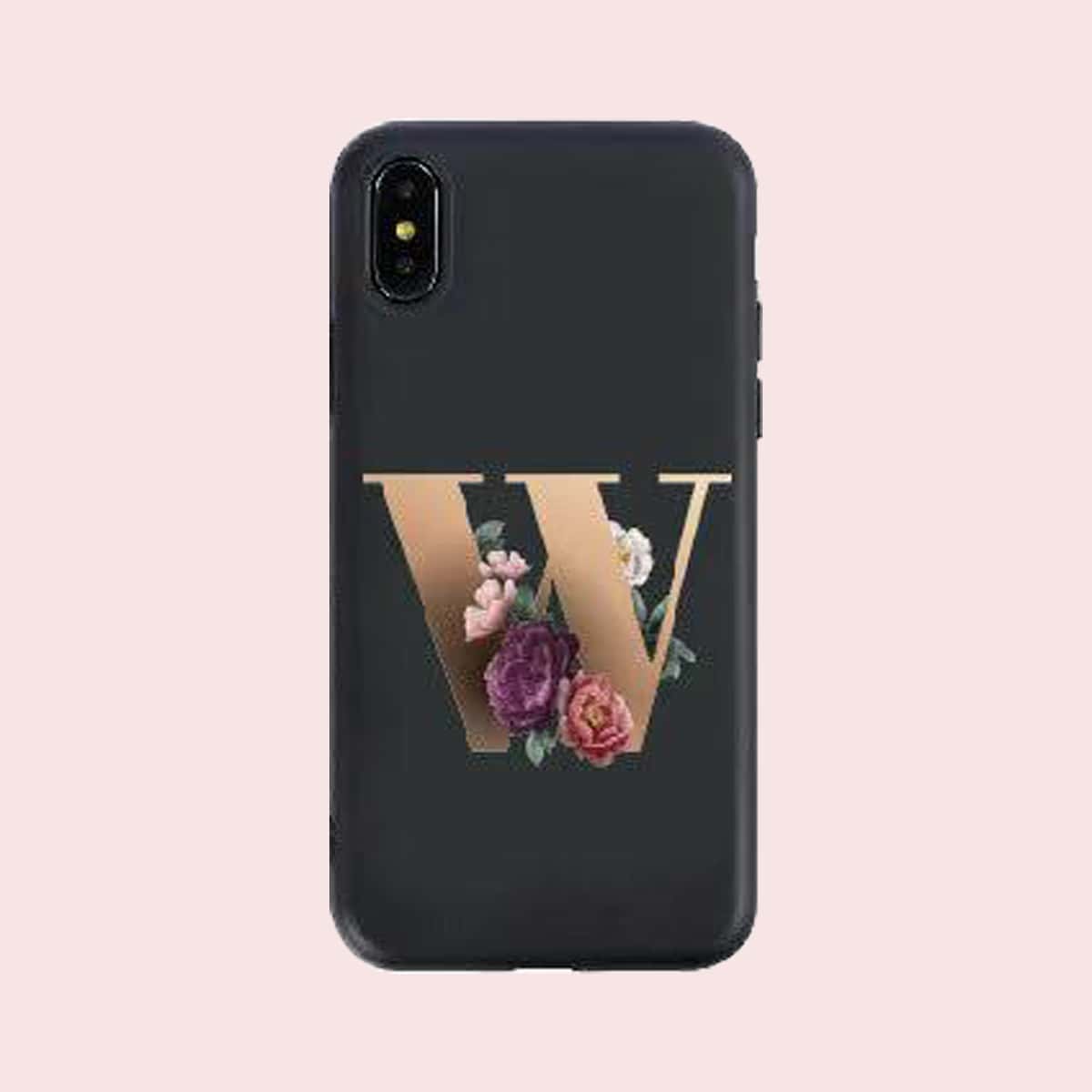 

Floral & Letter Print iPhone Case, Black