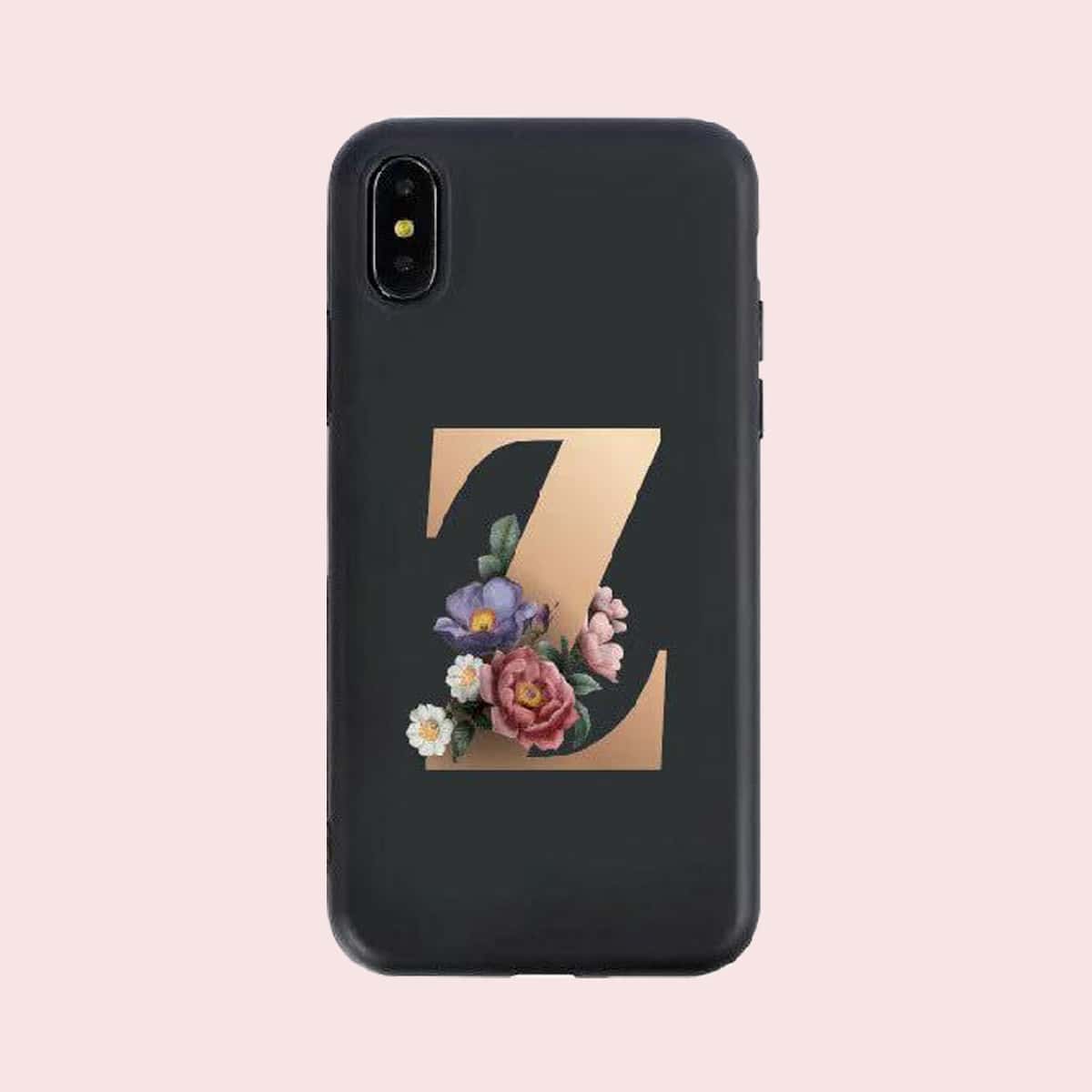 

Floral & Letter Print iPhone Case, Black