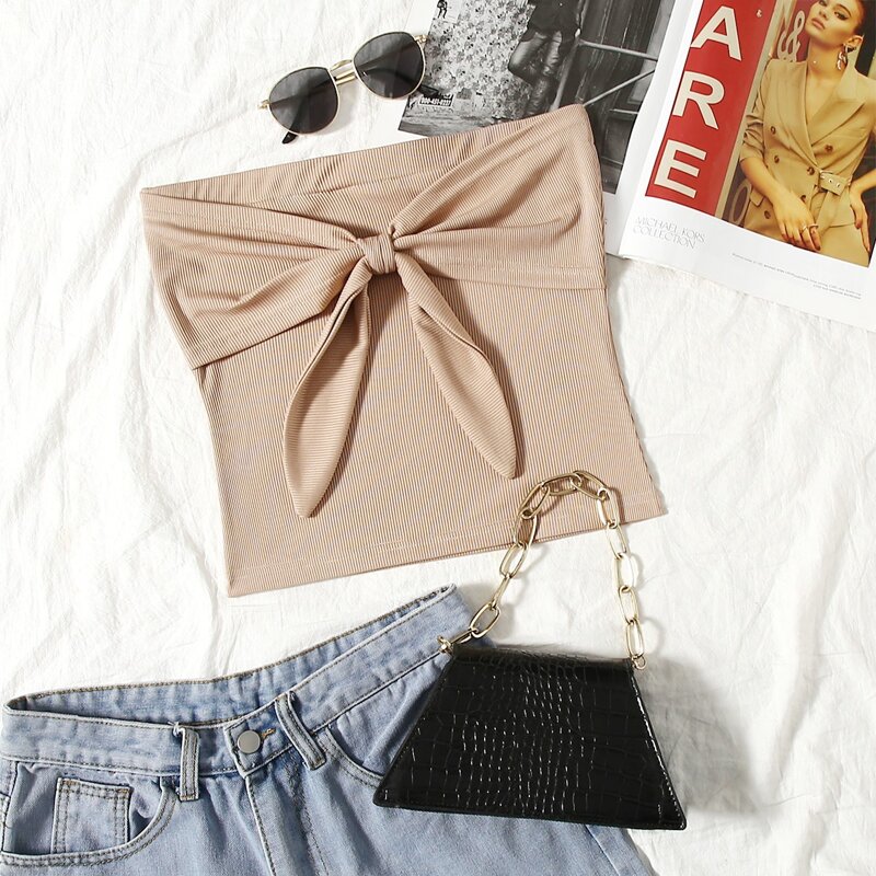 

Tie Front Solid Tube Top, Apricot