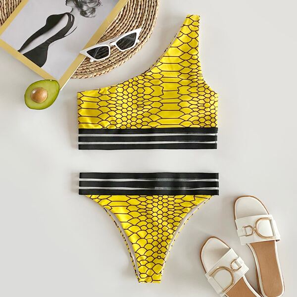 

Snakeskin Print One Shoulder Bikini Swimsuit, Yellow