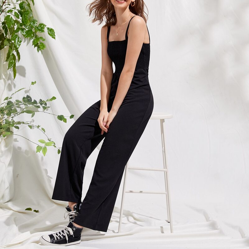 

Solid Shirred Cami Jumpsuit, Black
