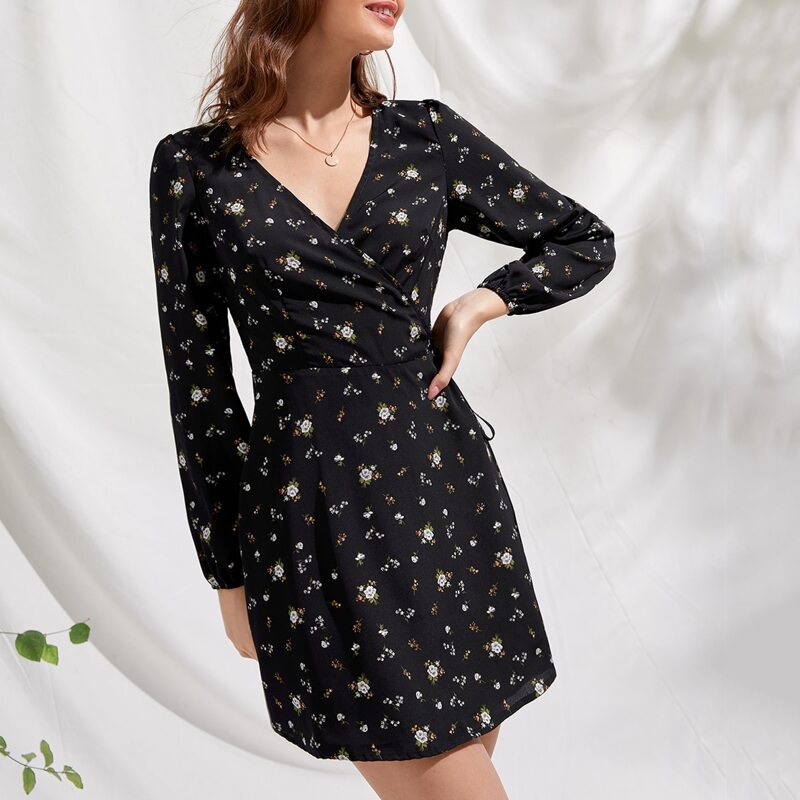 

Ditsy Floral Wrap Dress, Black