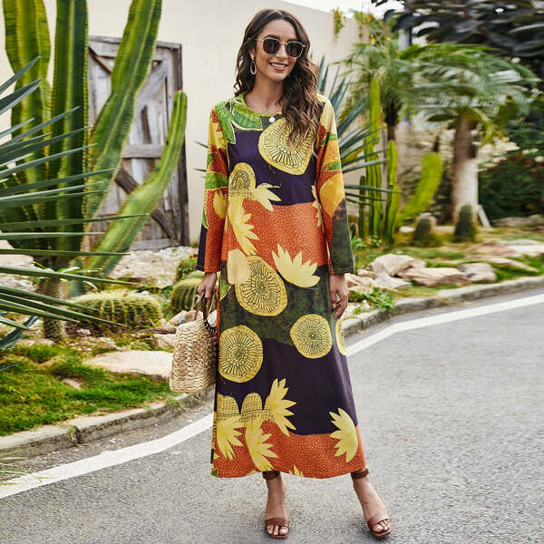 

Colorblock Floral Print Tunic Dress, Multicolor