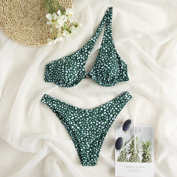 

Dalmatian Underwire One Shoulder Bikini Swimsuit, Dark green
