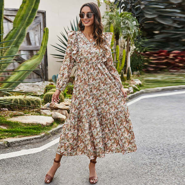 

Floral Print Ruffle Trim Flounce Sleeve A-line Dress, Multicolor