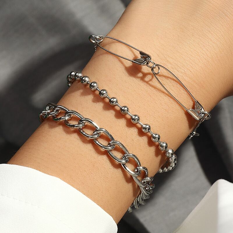 

3pcs Safety Pin Chain Bracelet Set, Silver