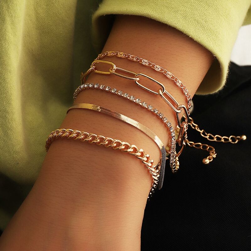

5pcs Rhinestone Chain Bracelet Set, Gold