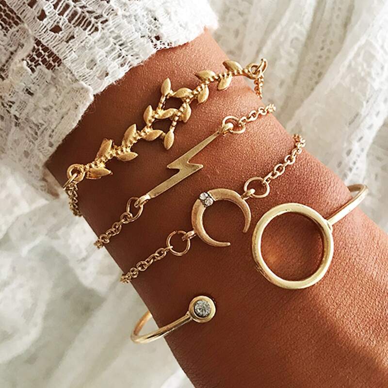

4pcs Leaf Decor Bracelet Set, Gold