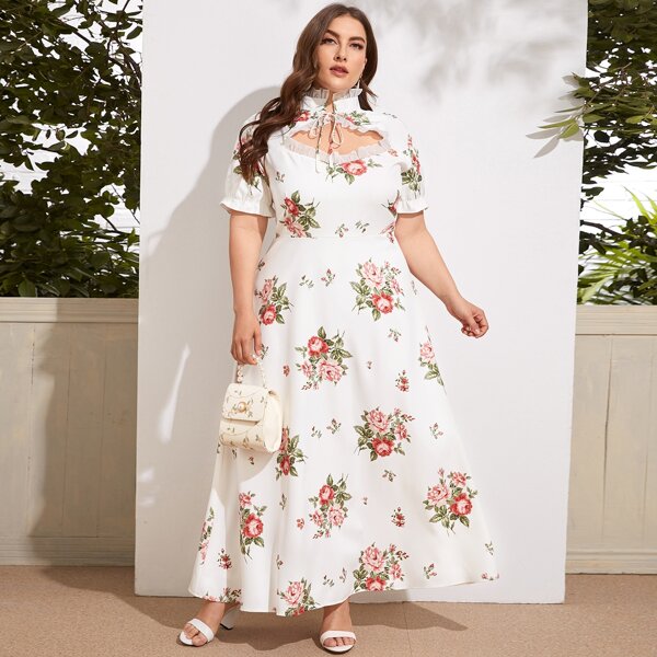 

Plus Tie Neck Ruffle Trim Floral Print A-line Dress, Multicolor