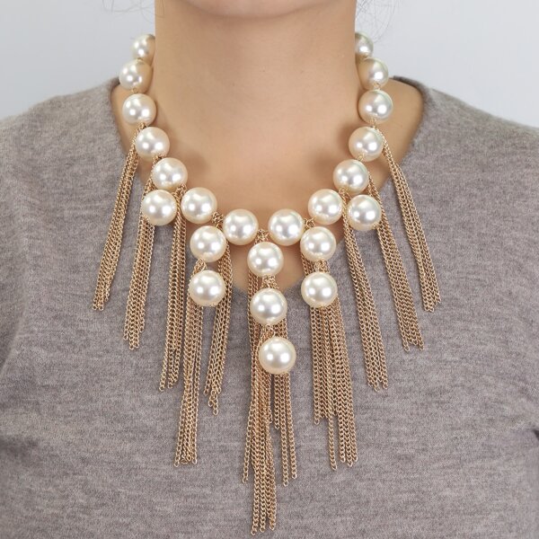 

Faux Pearl & Metal Tassel Decor Necklace, Gold