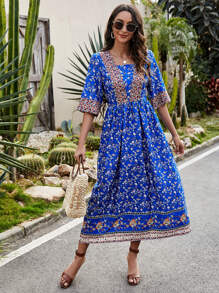 Mulvari All Over Floral Print Square Neck A-line Dress - Blue - View 1