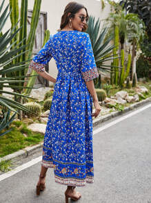 Mulvari All Over Floral Print Square Neck A-line Dress - Blue - View 2
