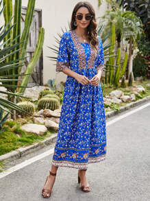 Mulvari All Over Floral Print Square Neck A-line Dress - Blue - View 4