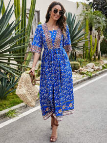 Mulvari All Over Floral Print Square Neck A-line Dress - Blue - View 5