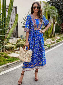 Mulvari All Over Floral Print Square Neck A-line Dress - Blue - View 6