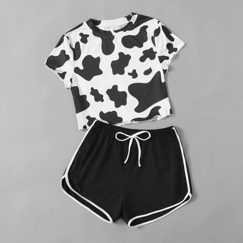 

Cow Pattern Tee & Dolphin Shorts, Black and white