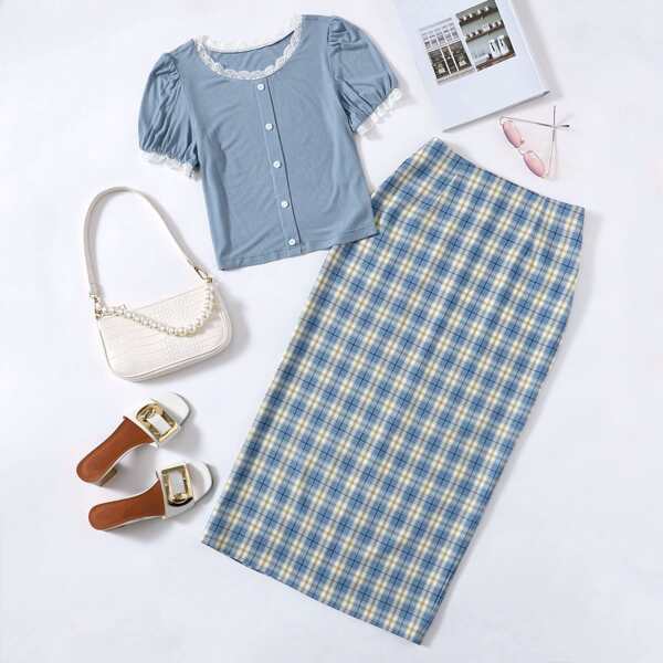 

Contrast Lace Puff Sleeve Ribbed Tee & Plaid Skirt, Blue