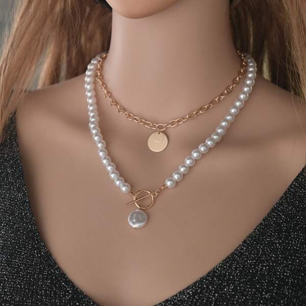 

2pcs Disc Charm Faux Pearl Beaded Necklace, Multicolor