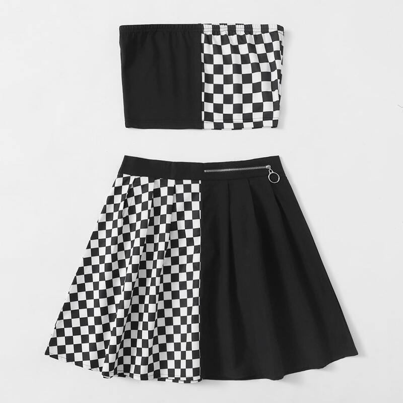 

Contrast Checkerboard Tube Top & Skirt, Black and white