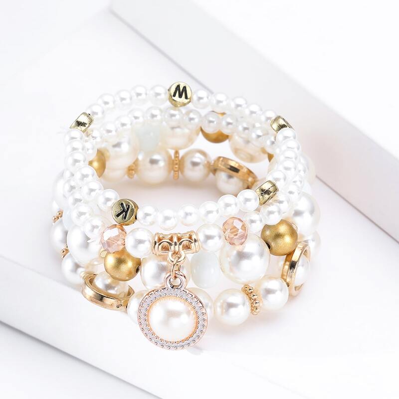

4pcs Faux Pearl Beaded Bracelet, Gold